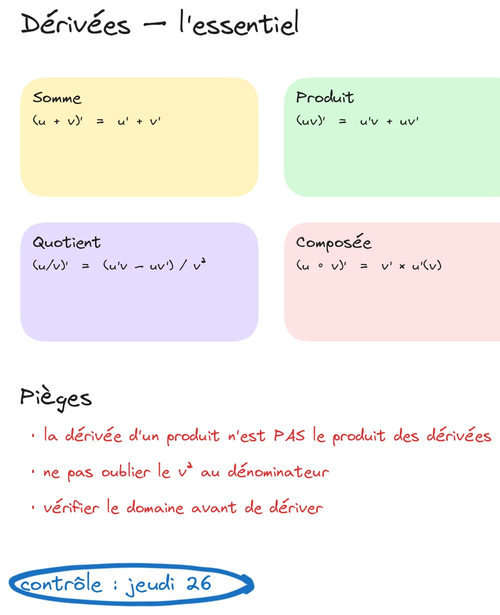 Une fiche de révision : quatre encadrés de couleur avec des formules, et une liste de pièges en rouge.